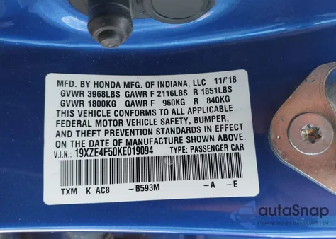 2019 Honda Insight Ex из США, поврежденный, VIN 19XZE4F50KE019094